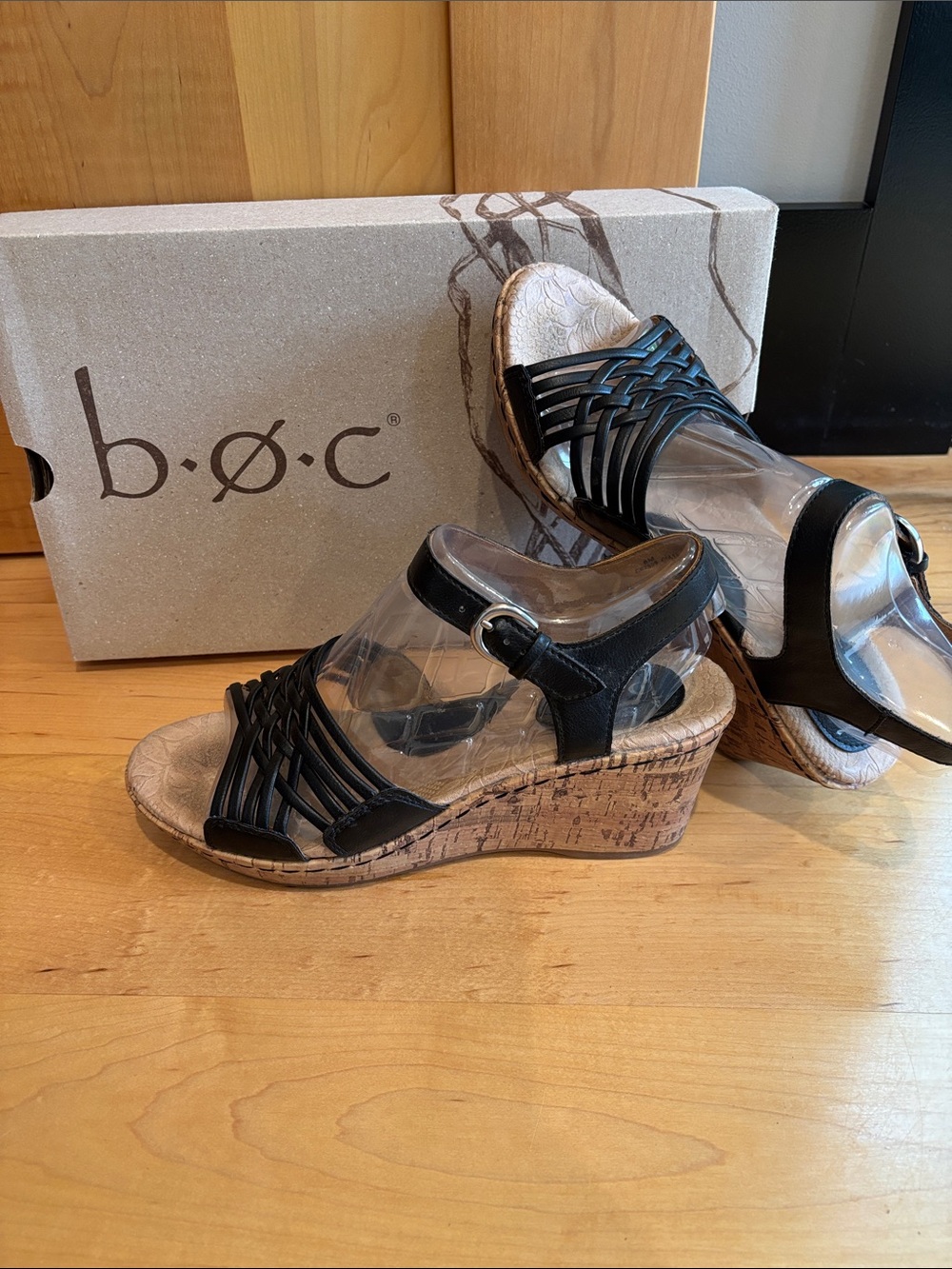 b.o.c. Black Woven Leather Cork Wedge Sandals